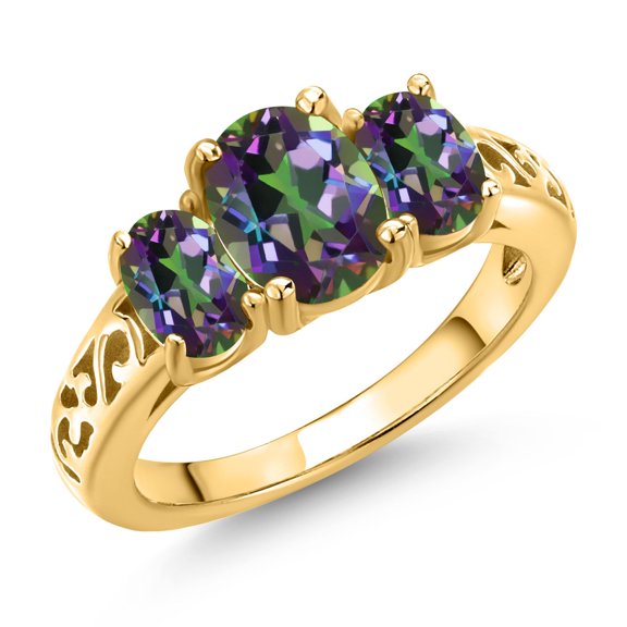 Gem Stone King 18K Yellow Gold Plated Silver Green Mystic Topaz Filigree Style 3 Stone Ring for Women (2.78 Cttw, Oval 8X6MM and 6X4MM, Size 8) (Size 8)