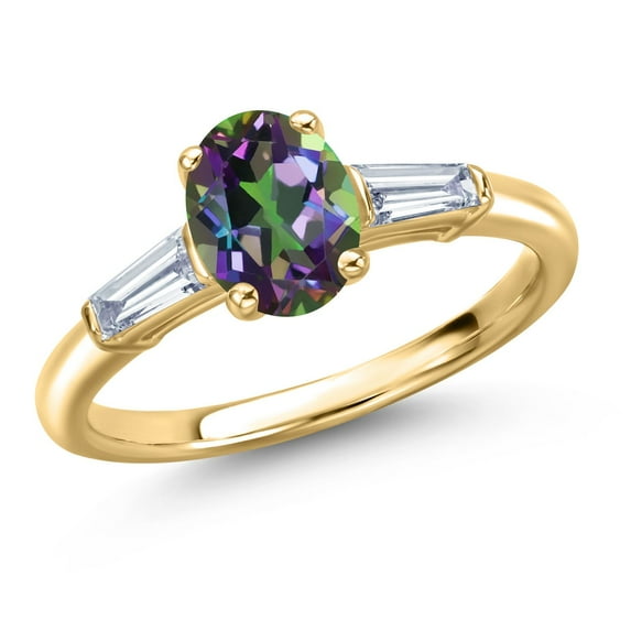 Gem Stone King 18K Yellow Gold Plated Silver Green Mystic Topaz and Lab Grown Diamond Engagement Ring for Women | 1.88 Cttw | Oval 8X6MM | Gemstone November Birthstone | Size 7