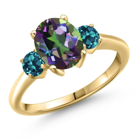Gem Stone King 18K Yellow Gold Plated Silver Green Mystic Topaz and London Blue Topaz Engagement Ring for Women | 2.96 Cttw | Oval 9X7MM | Gemstone November Birthstone | Size 8