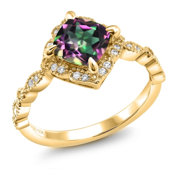 Gem Stone King 18K Yellow Gold Plated Silver Green Mystic Topaz and Moissanite Solitaire Ring for Women (2.34 Cttw, Cushion Cut 7MM, Gemstone, Available in Size 5, 6, 7, 8, 9)