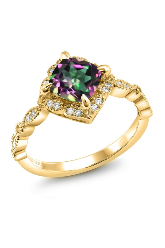 18K Yellow Gold Plated Silver Green Mystic Topaz and Moissanite Solitaire Ring for Women (2.34 Cttw, Cushion Cut 7MM, Gemstone, Available in Size 5, 6, 7, 8, 9)