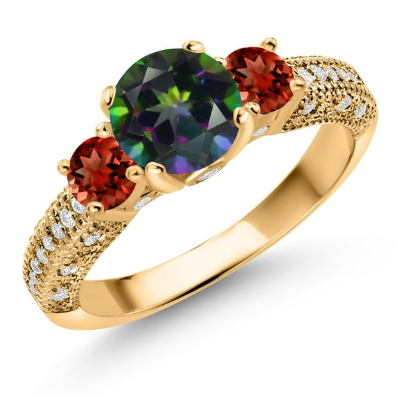 Gem Stone King 18K Yellow Gold Plated Silver Green Mystic Topaz Red Garnet and White Moissanite Engagement Ring for Women (2.12 Cttw, Gemstone, Round 7MM and 4MM, Size 6)