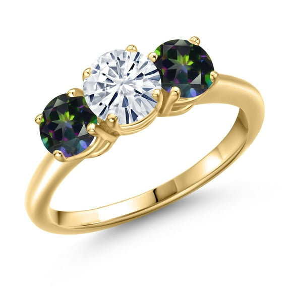 Gem Stone King 18K Yellow Gold Plated Silver White Moissanite and Green Mystic Topaz Engagement Ring for Women | 1.90 Cttw | Round 6MM | Gemstone Birthstone | Size 9