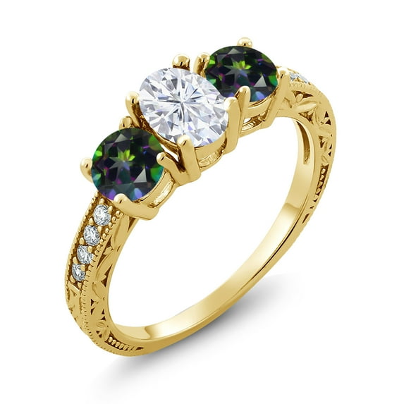 Gem Stone King 18K Yellow Gold Plated Silver Green Mystic Topaz Ring Set with Moissanite (2.12 Cttw) (Size 6)