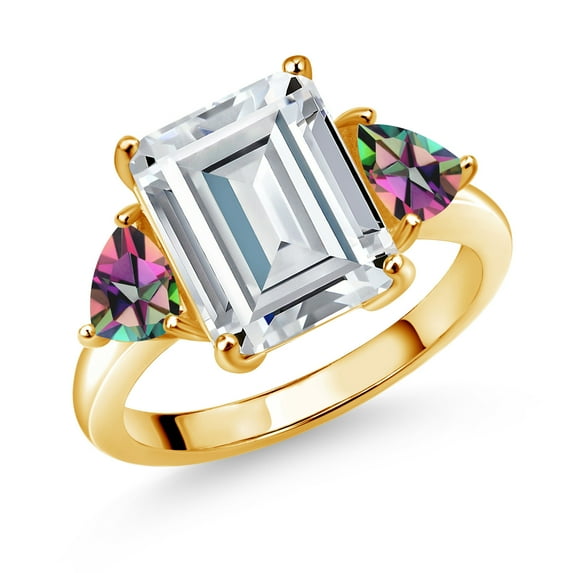 Gem Stone King 18K Yellow Gold Plated Silver Green Mystic Topaz Ring Set with Moissanite (8.58 Cttw)