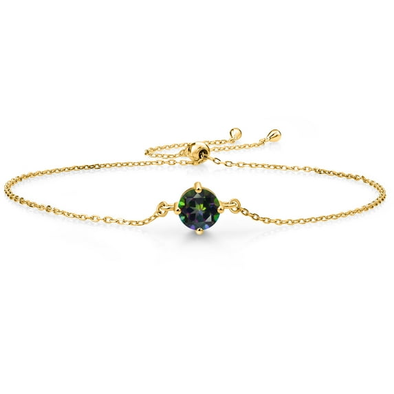 Gem Stone King 18K Yellow Gold Plated Silver Green Mystic Topaz Solitaire Bracelet for Women (1.00 Cttw, Round Cut 6MM)