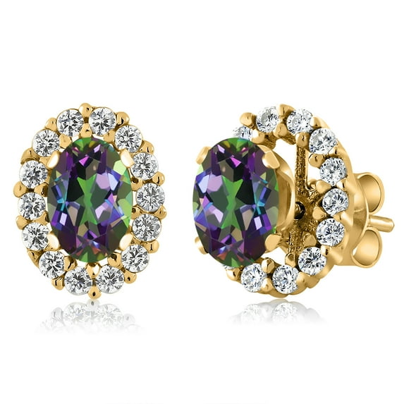 Gem Stone King 18K Yellow Gold Plated Silver Green Mystic Topaz Stud Earrings with Removable Jackets for Women (1.56 Cttw, Gemstone Birthstone, Oval 6X4MM)