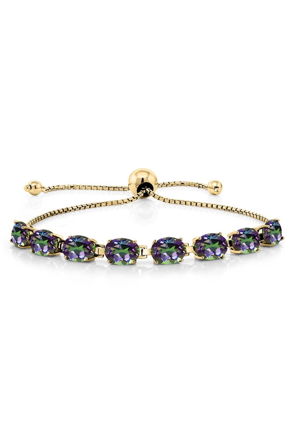 18K Yellow Gold Plated Silver Green Mystic Topaz Tennis Bracelet for Women (8.00 Cttw, Gemstone November Birthstone, Oval 7X5MM, Fully Adjustable up to 9 inch)