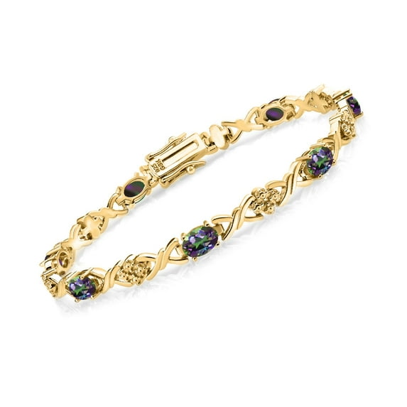 Gem Stone King 18K Yellow Gold Plated Silver Green Mystic Topaz Tennis Bracelet for Women (4.20 Cttw, Gemstone Birthstone, Oval 6X4MM, 7 inch)