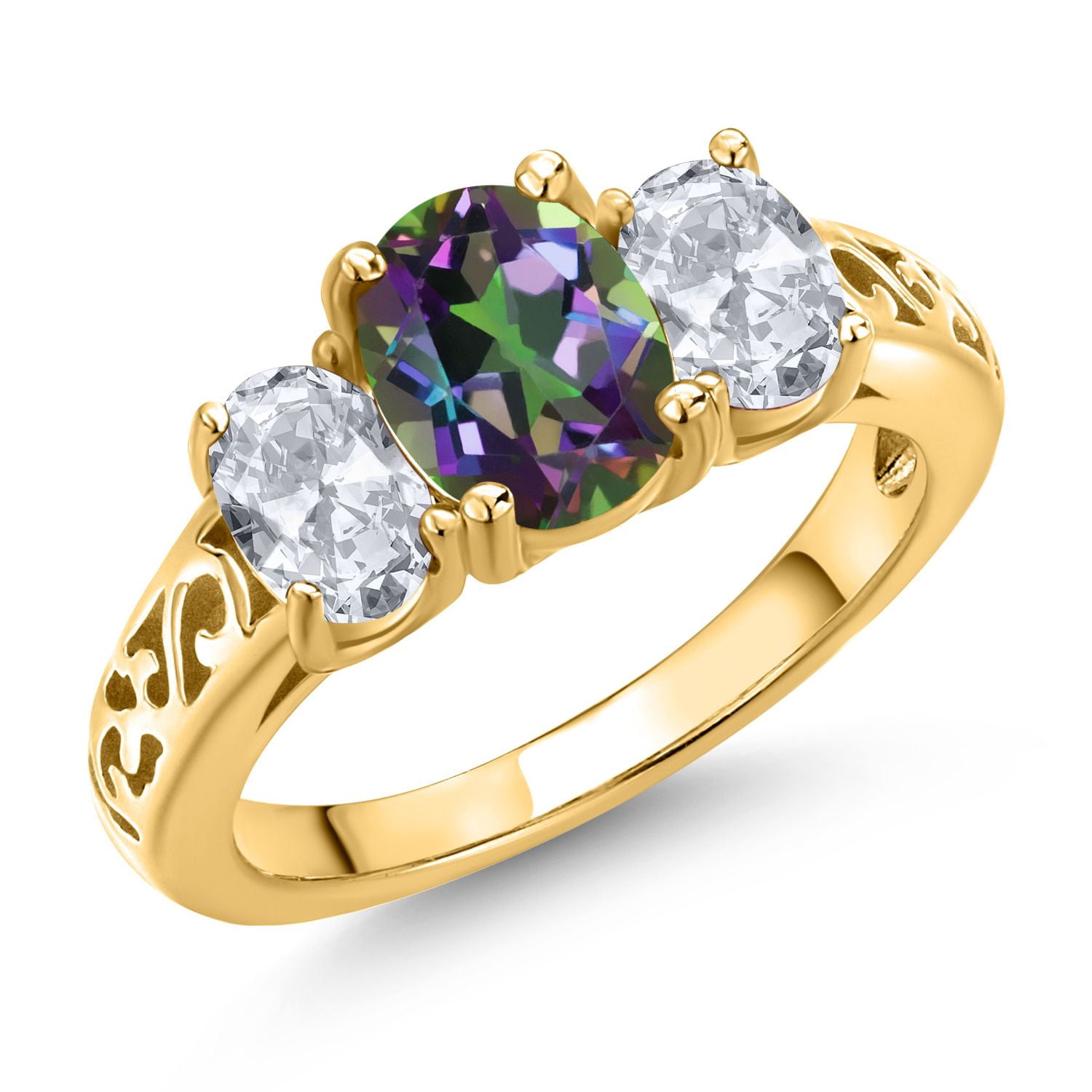 Gem Stone King Sterling Silver Mystic Topaz Ring For Women - 3 Stone Filigree Oval 2.50 Ct