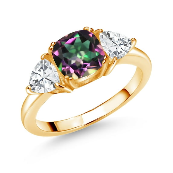 Gem Stone King 18K Yellow Gold Plated Silver Green Mystic Topaz and White Zirconia 3 Stone Engagement Ring for Women (3.54 Cttw, Gemstone Birthstone, Available in Size 5, 6, 7, 8, 9)