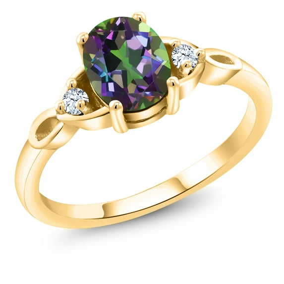 Gem Stone King 18K Yellow Gold Plated Silver Green Mystic Topaz and White Zirconia 3-Stone Rings for Women (1.64 Cttw, Gemstone, Oval 8X6MM, Available in Size 5, 6, 7, 8, 9)