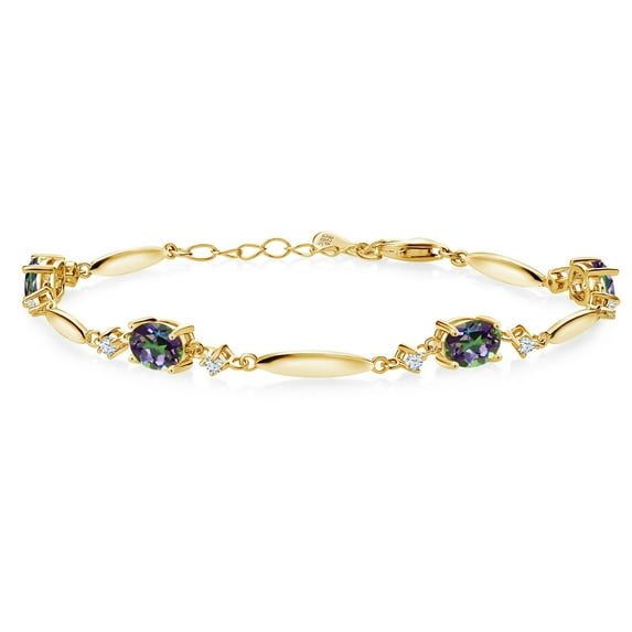 Gem Stone King 18K Yellow Gold Plated Silver Green Mystic Topaz and White Zirconia Tennis Bracelet for Women | 4.24 Cttw | Gemstone November Birthstone | Oval 7X5MM | 6 inch + 1 inch Extender