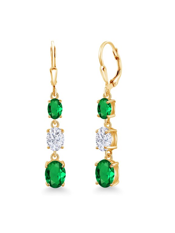 18K Yellow Gold Plated Silver Green Nano Emerald 3 Stone Dangle Earrings for Women (4.10 Cttw, Gemstone May Birthstone, Oval 8X6MM, 7X5MM and 6X4MM)