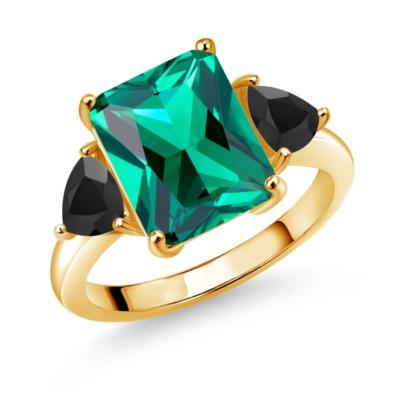 Gem Stone King 18K Yellow Gold Plated Silver Green Nano Emerald and Black Onyx 3 Stone Ring for Women (6.20 Cttw, Emerald Cut 12X10MM, Trillion 5X5MM, Gemstone May Birthstone, Size 6)