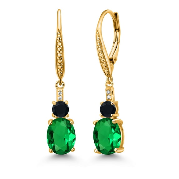 Gem Stone King 18K Yellow Gold Plated Silver Green Nano Emerald and Black Onyx Dangle Earrings for Women with Lab Grown Diamond (3.47 Cttw, Oval 9X7MM)