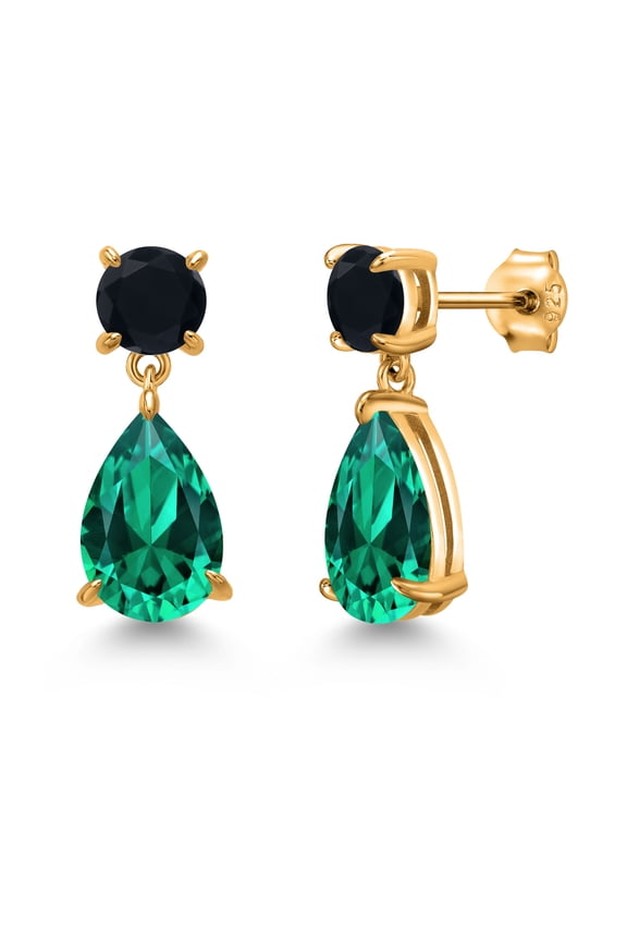 18K Yellow Gold Plated Silver Green Nano Emerald and Black Onyx Earrings for Women | 6.48 Cttw | Gemstone May Birthstone | Pear Shape 12X8MM