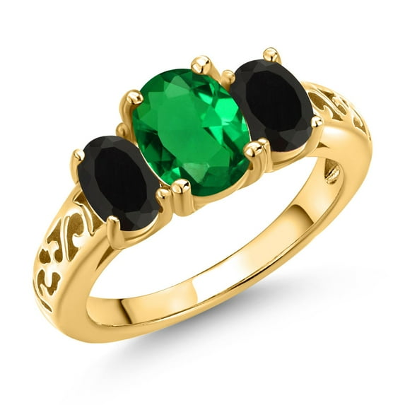 Gem Stone King 18K Yellow Gold Plated Silver Green Nano Emerald and Black Onyx Filigree Style 3 Stone Ring for Women (1.55 Cttw, Oval 8X6MM and 6X4MM) (Size 8)