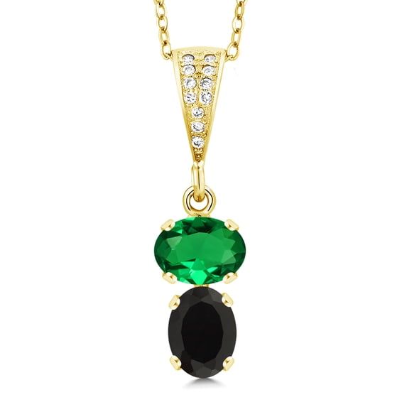 Gem Stone King 18K Yellow Gold Plated Silver Green Nano Emerald and Black Onyx Pendant Necklace for Women | 2.42 Cttw | Gemstone May Birthstone | Oval 8X6MM | With 18 inch Chain