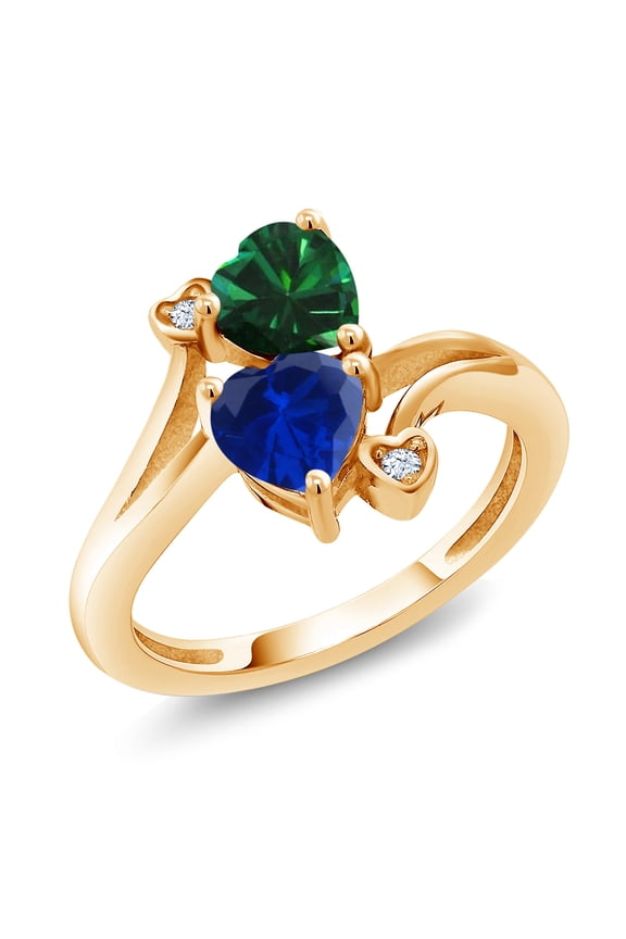 18K Yellow Gold Plated Silver Green Nano Emerald Blue Created Sapphire Ring for Women (1.51 Cttw, Heart Shape 6MM, Gemstone May Birthstone, Size 5)