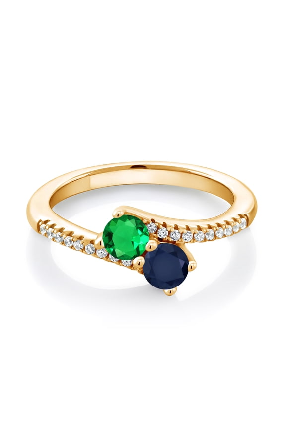 18K Yellow Gold Plated Silver Green Nano Emerald and Blue Sapphire Bypass Ring for Women (0.89 Cttw, Gemstone May Birthstone, Round 4MM, Size 6)
