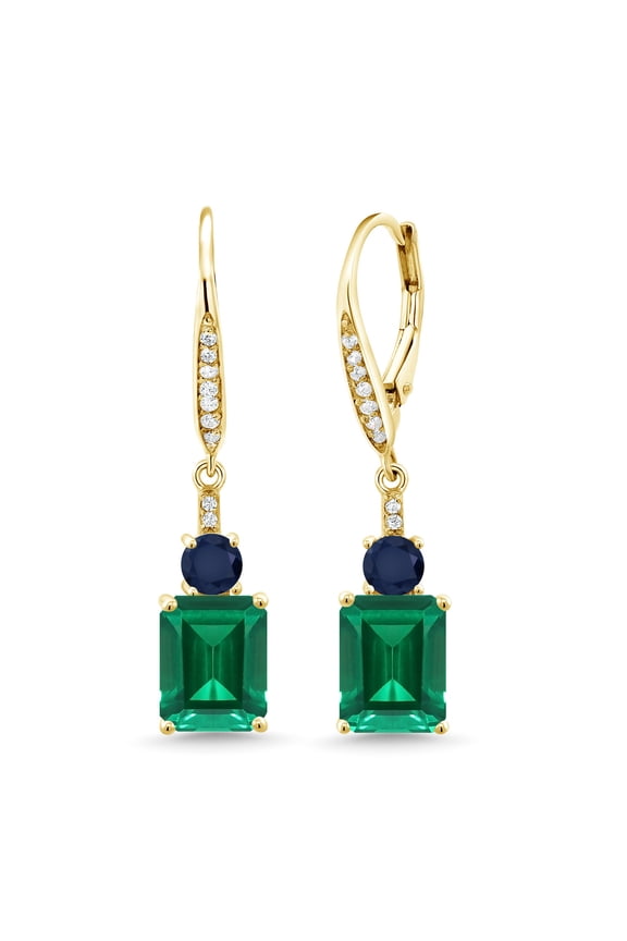 18K Yellow Gold Plated Silver Green Nano Emerald and Blue Sapphire Dangle Earrings for Women (4.70 Cttw, Gemstone May Birthstone, Emerald Cut 9X7MM)