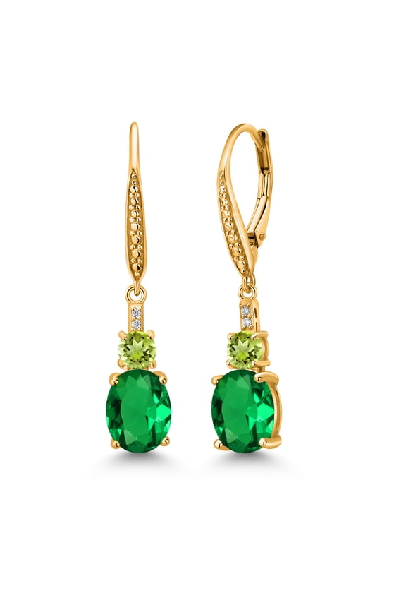 18K Yellow Gold Plated Silver Green Nano Emerald and Green Peridot Dangle Earrings for Women with Lab Grown Diamond (3.63 Cttw, Oval 9X7MM)