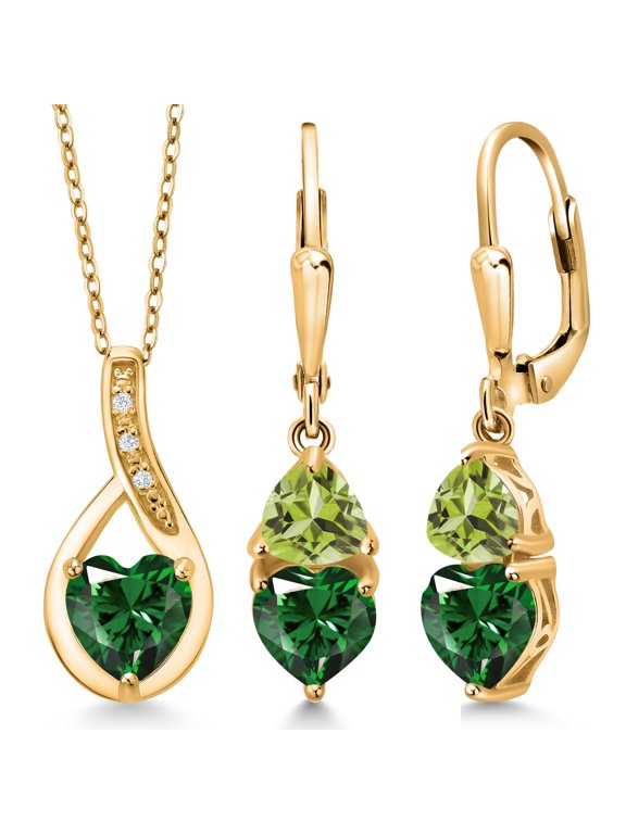 18K Yellow Gold Plated Silver Green Nano Emerald and Green Peridot Pendant Earrings Set for Women (3.36 Cttw, Gemstone May Birthstone, with 18 inch Chain)
