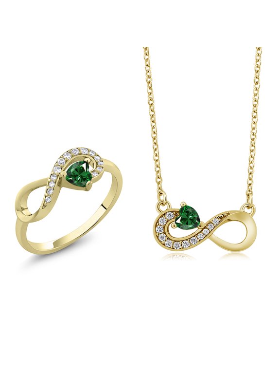 18K Yellow Gold Plated Silver Green Nano Emerald Infinity Ring Pendant Jewelry Set for Women (1.05 Cttw, Gemstone May Birthstone, Heart 4MM, with 18 inch Silver Chain)