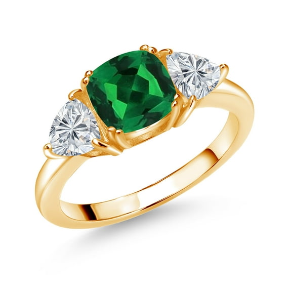 Gem Stone King 18K Yellow Gold Plated Silver Green Nano Emerald and Lab Grown Diamond Engagement Ring for Women | 1.39 Cttw | Cushion 7MM | Gemstone May Birthstone | Size 7