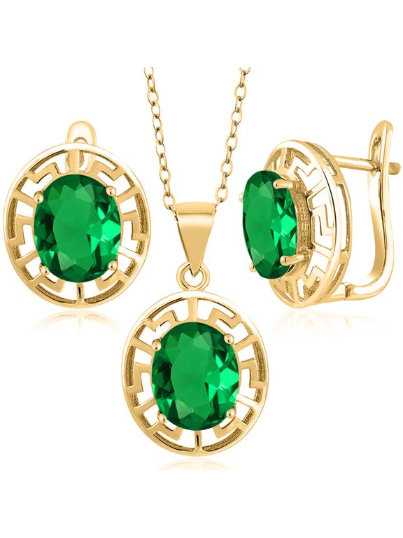 18K Yellow Gold Plated Silver Green Nano Emerald Pendant and Earrings Jewelry Set for Women | 6.00 Cttw | Gemstone May Birthstone | Oval 10X8MM | With 18 inch Chain
