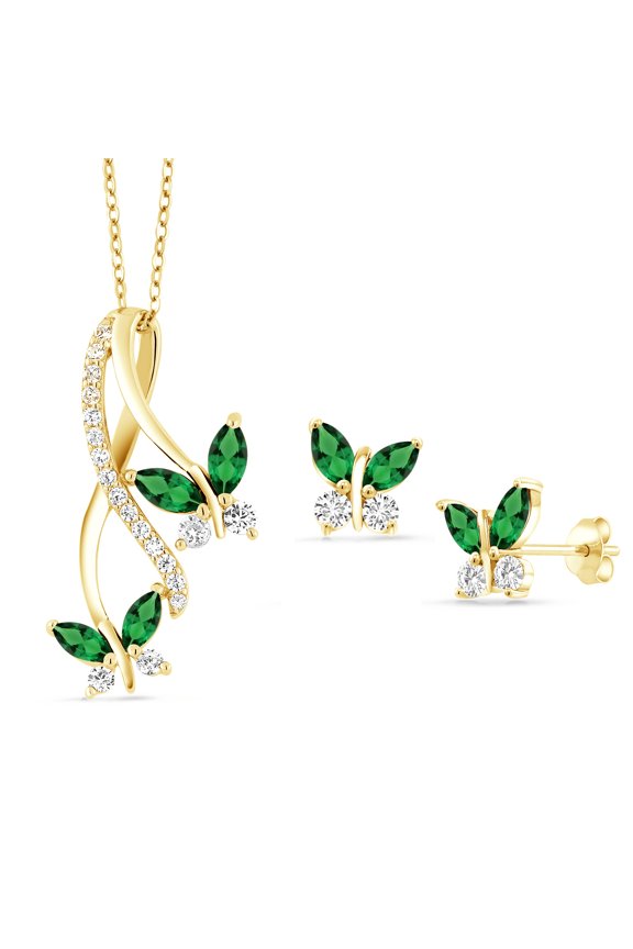 18K Yellow Gold Plated Silver Green Nano Emerald Pendant and Earrings Jewelry Set for Women (1.97 Cttw, with 18 inch Chain)