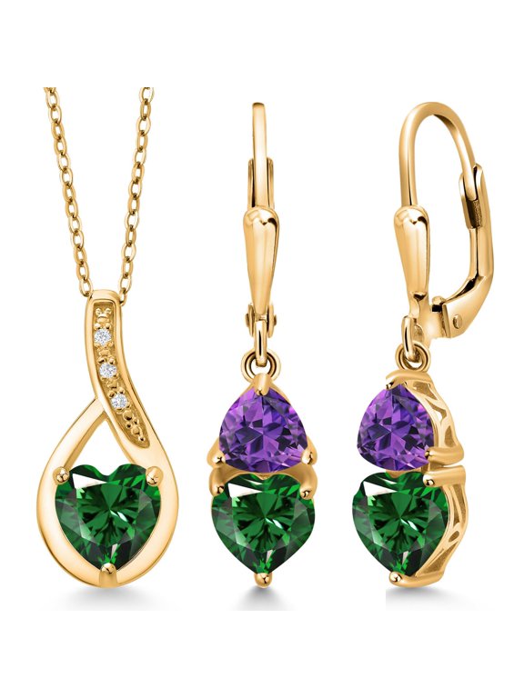 18K Yellow Gold Plated Silver Green Nano Emerald and Purple Amethyst Pendant Earrings Set for Women (3.20 Cttw, Gemstone May Birthstone, with 18 inch Chain)