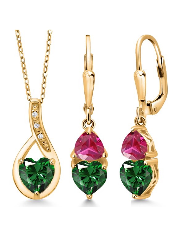 18K Yellow Gold Plated Silver Green Nano Emerald and Red Created Ruby Pendant Earrings Set for Women (3.26 Cttw, Gemstone May Birthstone, with 18 inch Chain)