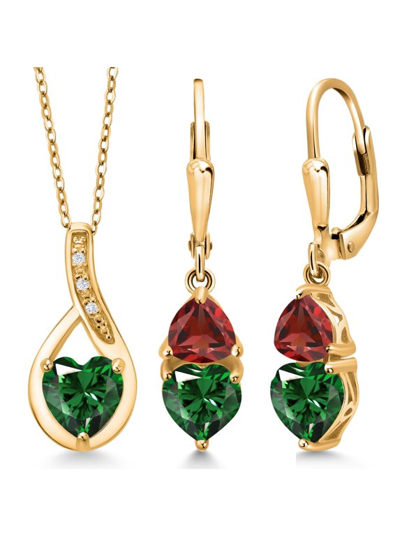 18K Yellow Gold Plated Silver Green Nano Emerald and Red Garnet Pendant Earrings Set for Women (3.48 Cttw, Gemstone May Birthstone, with 18 inch Chain)