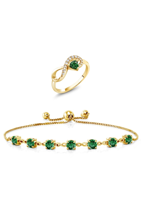 18K Yellow Gold Plated Silver Green Nano Emerald Ring and Bracelet Jewelry Set for Women | 3.37 Cttw | Gemstone May Birthstone | Heart Shape 4MM | Round 4.5MM | Size 5
