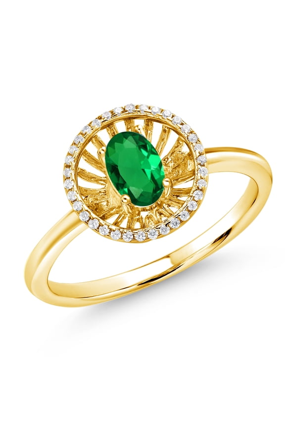 18K Yellow Gold Plated Silver Green Nano Emerald Ring for Women (0.88 Cttw, Oval 6X4MM, Gemstone May Birthstone, Size 7)