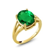 Gem Stone King 18K Yellow Gold Plated Silver Green Nano Emerald Ring for Women (4.00 Cttw, Gemstone May Birthstone, Oval 12X10MM, Available in Size 5,6,7,8,9)