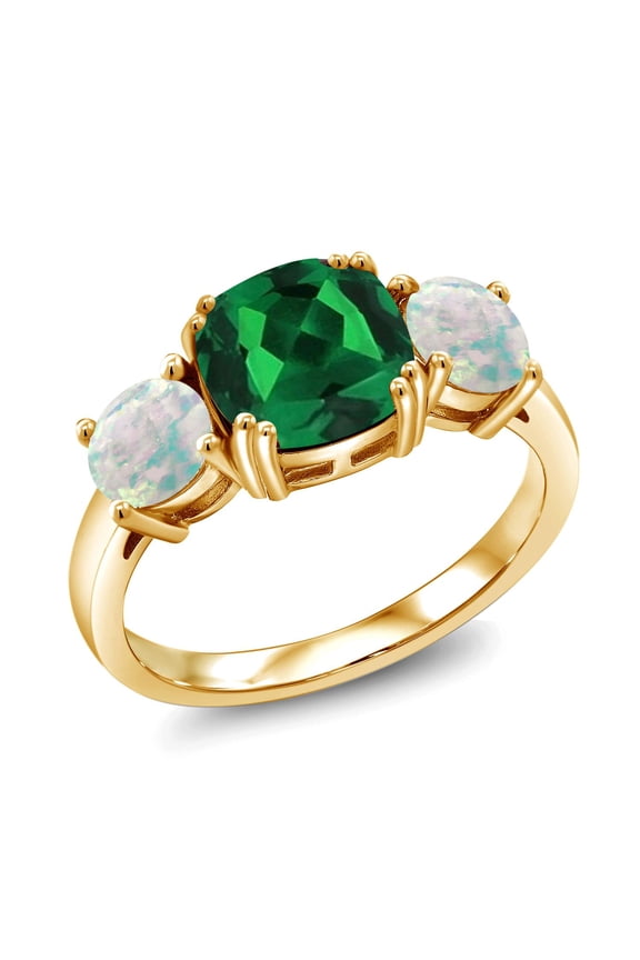 18K Yellow Gold Plated Silver Green Nano Emerald and Simulated White Opal 3 Stone Engagement Ring for Women (3.50 Cttw, Gemstone May Birthstone, Cushion 8MM, Size 9)
