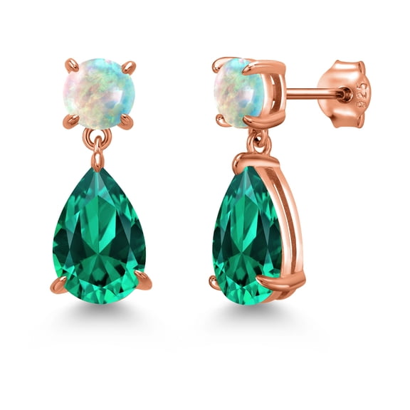 Gem Stone King 18K Rose Gold Plated Silver Green Nano Emerald and Simulated White Opal Earrings for Women | 6.88 Cttw | Gemstone May Birthstone | Pear Shape 12X8MM