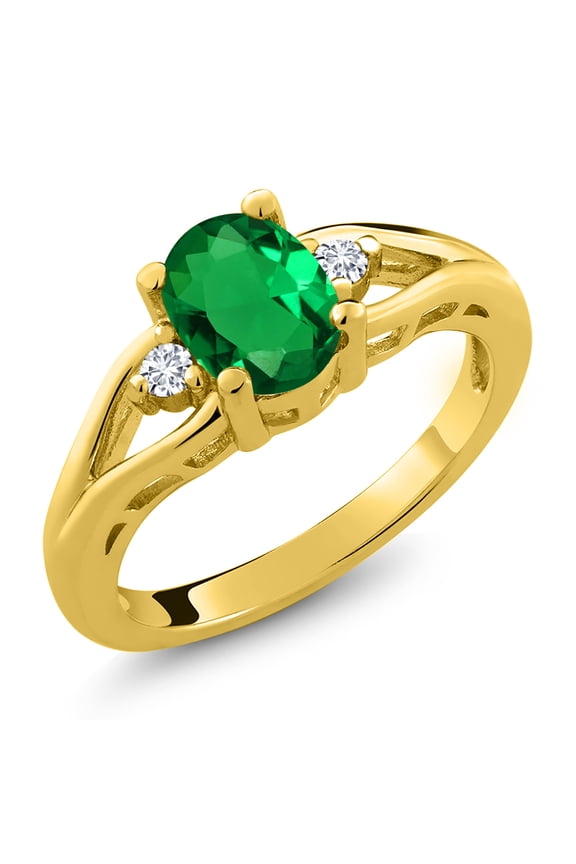 18K Yellow Gold Plated Silver Green Nano Emerald and White Lab Grown Diamond 3 Stone Engagement Ring for Women | 0.83 Cttw | Oval 8X6MM | Round 2MM | Gemstone May Birthstone | Size 7