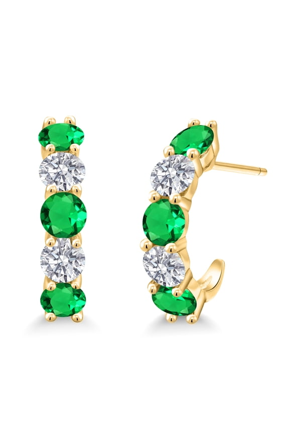 18K Yellow Gold Plated Silver Green Nano Emerald and White Lab Grown Diamond Earrings for Women | 2.88 Cttw | Gemstone May Birthstone | Round 4MM