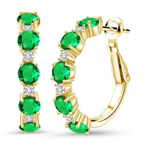 Gem Stone King 18K Yellow Gold Plated Silver Green Nano Emerald and White Lab Grown Diamond Hoop Earrings for Women (3.30 Cttw, Round 4MM and 1.9MM, Gemstone Birthstone 1 inch Diameter)