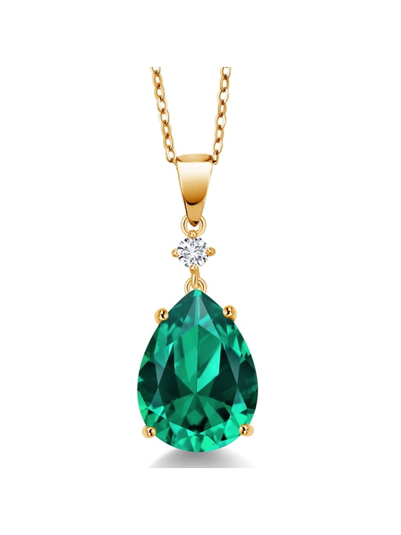 18K Yellow Gold Plated Silver Green Nano Emerald and White Lab Grown Diamond Pendant Necklace for Women (8.35 Cttw, Pear Shape 16X12MM, Gemstone Birthstone, with 18 inch Chain)