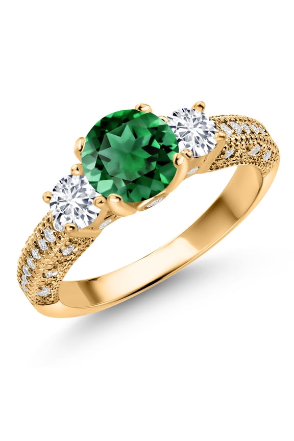 18K Yellow Gold Plated Silver Green Nano Emerald White Lab Grown Diamond and White Moissanite Engagement Ring for Women (1.84 Cttw, Gemstone May Birthstone, Round 7MM and 4MM, Size 5)