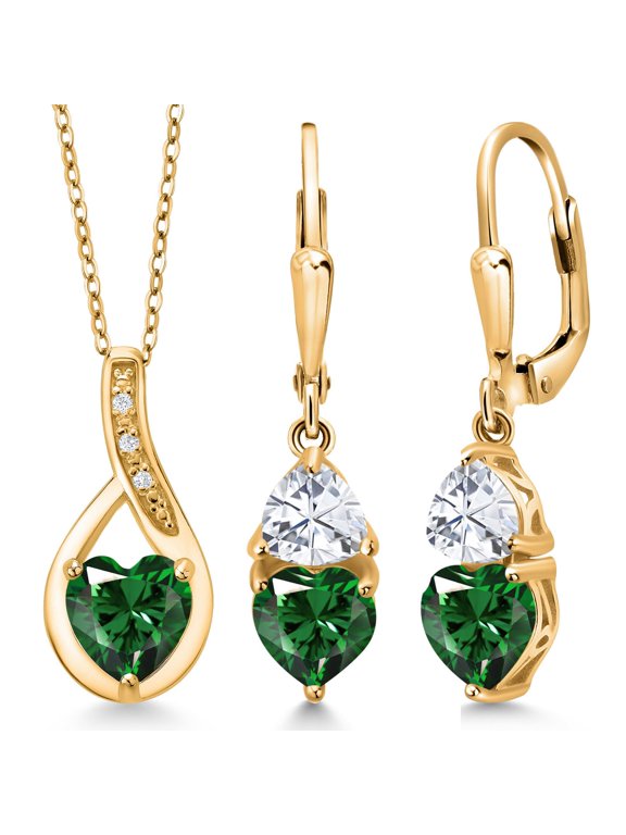 18K Yellow Gold Plated Silver Green Nano Emerald and White Moissanite Pendant Earrings Set for Women (3.34 Cttw, Gemstone May Birthstone, with 18 inch Chain)