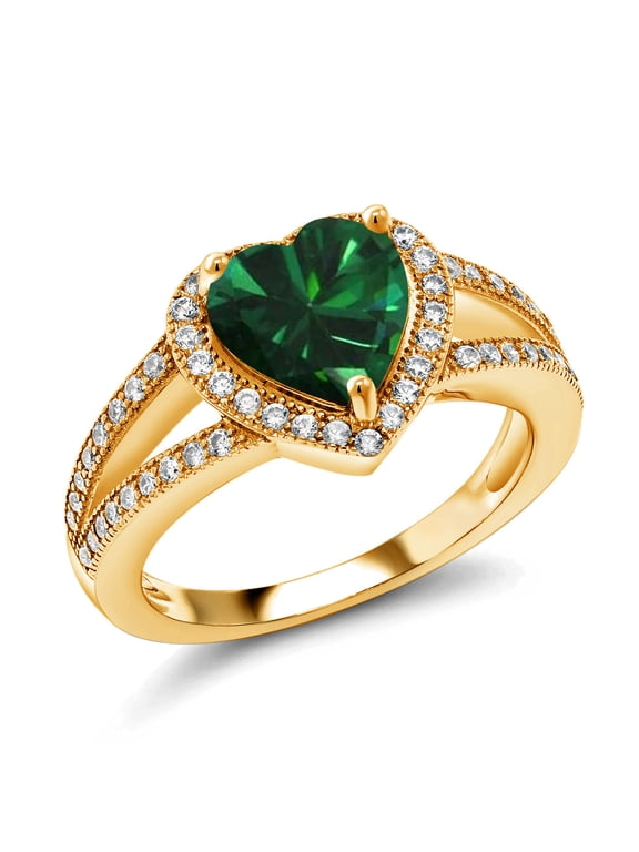 18K Yellow Gold Plated Silver Green Nano Emerald & White Moissanite Ring for Women (1.51 Cttw, Heart Shape 8MM, Available in Size 5,6,7,8,9)