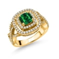 thumbnail image 1 of Gem Stone King 18K Yellow Gold Plated Silver Green Nano Emerald and White Moissanite Ring for Women (1.91 Cttw, Gemstone Birthstone, Cushion Cut 6MM, Available in Size 5, 6, 7, 8, 9), 1 of 4