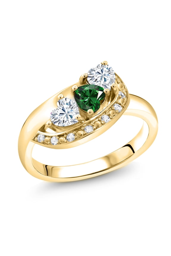18K Yellow Gold Plated Silver Green Nano Emerald and White Moissanite and White Created Sapphire Engagement Ring for Women (0.92 Cttw, Gemstone May Birthstone, Heart Shape 4MM, Size 5)