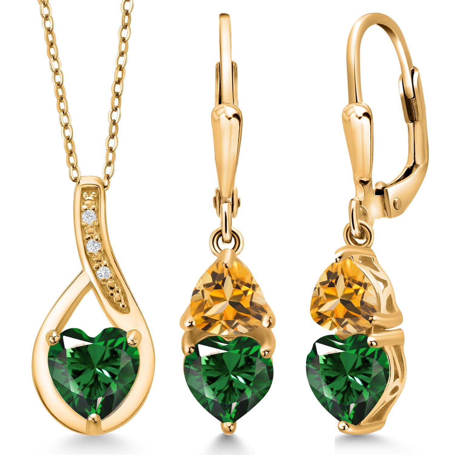 Gem Stone King 18K Yellow Gold Plated Silver Green Nano Emerald and Yellow Citrine Pendant Earrings Set for Women (3.22 Cttw, Gemstone May Birthstone, with 18 inch Chain)